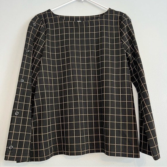 J jill Ponte Knit Windowpane Top Black Camel Boatneck Button Sleeve Size M - Picture 2 of 11